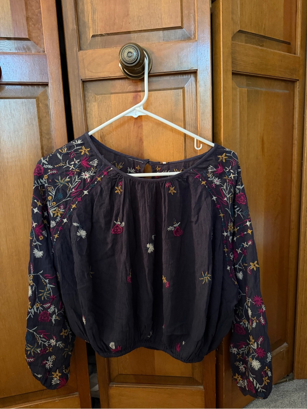 Free People Navy Embroidered Floral Peasant Blouse